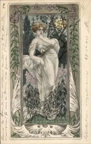 Jugendstil Litho Dame im Mondschein