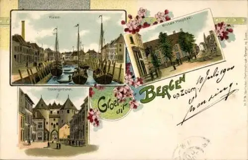 Lithographie Bergen op Zoom Nordbrabant, Hafen, Militärkrankenhaus