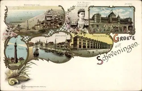 Litho Scheveningen Den Haag Südholland, HM Königin Wilhelmina, Kurhaus, Leuchtturm