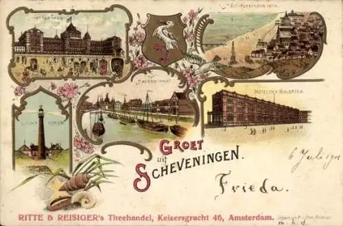 Litho Scheveningen Den Haag Südholland, Kurhaus, Strand, Hafen, Leuchtturm, Hotel