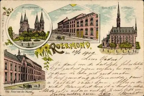 Lithographie Roermond Limburg Niederlande, Munsterkerk, Pensionnat Salvator, Kapelle, Hochschule