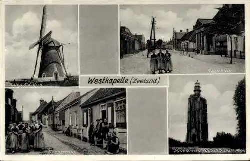 Ak Westkapelle Walcheren Zeeland, Mühle, Rathaus, Leuchtturm, Trachten