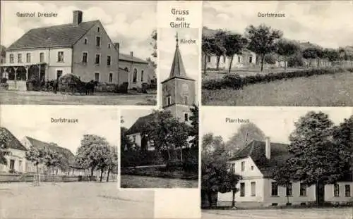 Ak Garlitz im Havelland, Gasthof Dressler, Kirche, Dorfstraße, Pfarrhaus