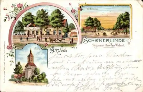 Litho Schönerlinde Wandlitz in der Mark, Restaurant Hermann Wichert, Dorfstraße, Kirche