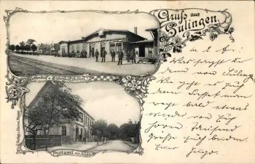 Ak Sulingen in Niedersachsen, Bahnhof, Gleisansicht, Bahnhofshotel, Post, Allee