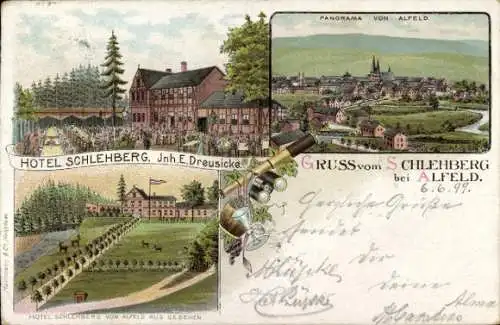 Litho Schlehberg bei Alfeld an der Leine, Hotel Schlehberg, Panorama vom Ort