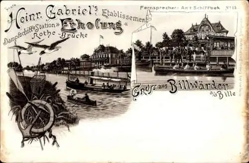 Litho Hamburg Bergedorf Billwerder Billwärder, Dampfschiffsstation Erholung, Etablissement