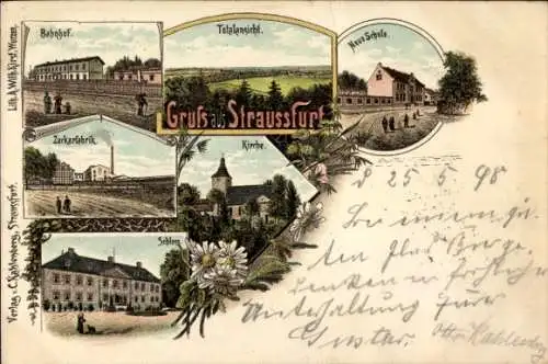 Litho Straußfurt in Thüringen, Bahnhof, Schule, Kirche, Schloss, Zuckerfabrik