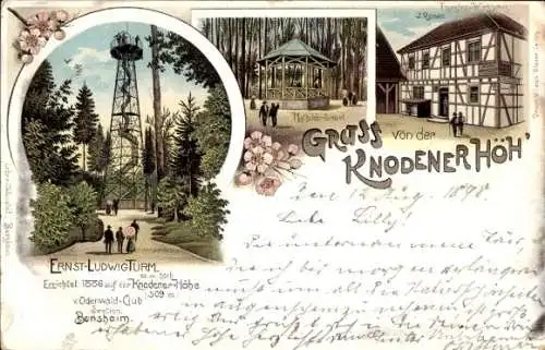 Litho Knoden Lautertal im Odenwald, Knodener Höh, Ernst Ludwig Turm, Gasthaus