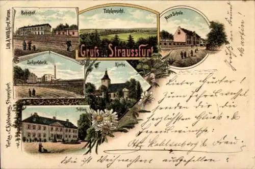 Litho Straußfurt in Thüringen, Bahnhof, Schule, Kirche, Schloss, Zuckerfabrik