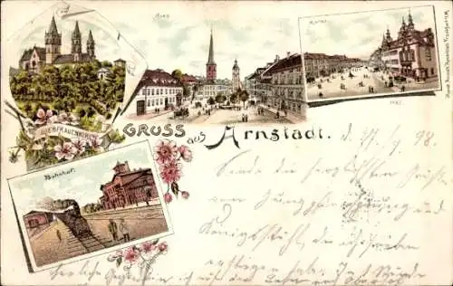 Litho Arnstadt in Thüringen, Ried, Markt, Bahnhof, Gleisseite, Liebfrauenkirche