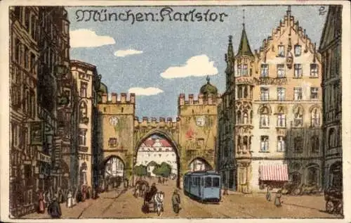 Ak München, Karlstor, Straßenbahn, Uhr