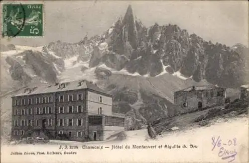 Ak Chamonix Mont Blanc Haute Savoie, Hotel du Montanvert, Aiguille du Dru