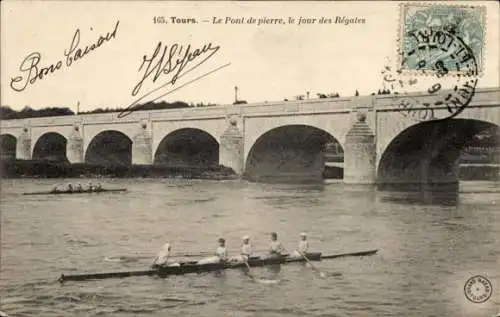 Ak Tours Indre et Loire, Le Pont de pierre, le jour des Regates