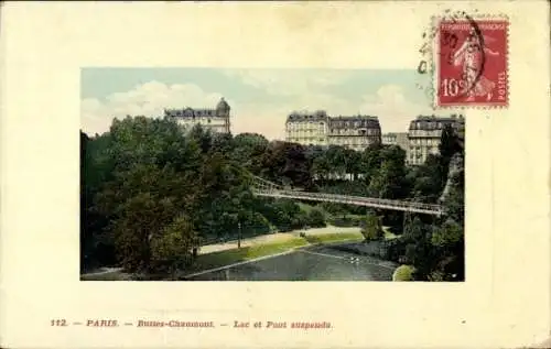 Ak Paris XIX Buttes Chaumont, Lac et Pont suspendu