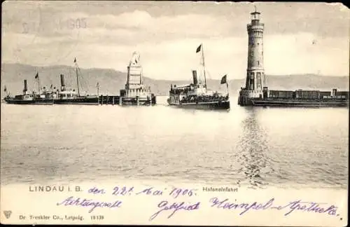 Ak Lindau am Bodensee Schwaben, Hafeneinfahrt, Dampfer, Leuchtturm