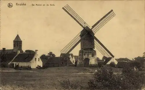 Ak Knokke Heist Westflandern, De Molen en de Kerk, Windmühle, Kirche