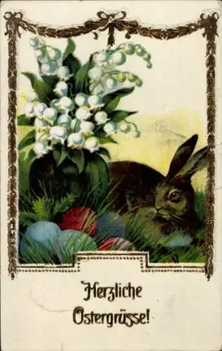 Ak Frohe Ostern, Osterhase, Ostereier, Weidenkätzchen