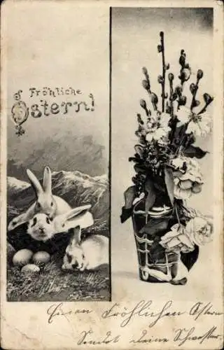 Ak Frohe Ostern, Osterhasen, Blumenstrauß