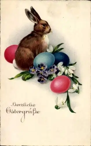 Ak Frohe Ostern, Osterhase, Ostereier, Blumen