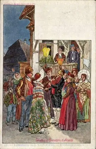 Künstler Litho Kauffmann, Elsässer Bräuche und Trachten, Serenade der Heiligen Cecilie