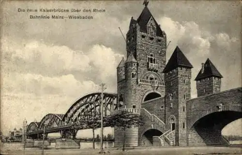 Ak Mainz am Rhein, Kaiserbrücke, Bahnlinie Mainz Wiesebaden