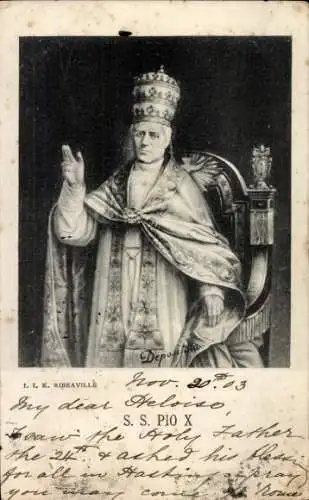 Künstler Ak Ribeaville, I. I. K., Papst Pius X., Porträt, Tiara