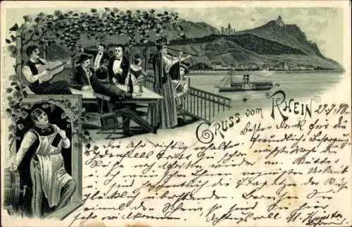 Litho Gruß vom Rhein, Gasthaus, Salondampfer