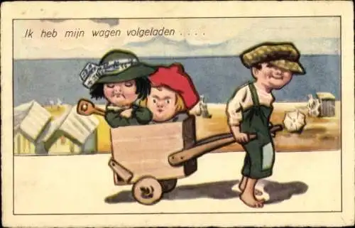 Künstler Ak Junge zieht Kinder in einem Handkarren