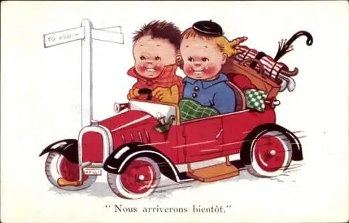 Künstler Ak Reisende in einem Automobil, Golfschläger