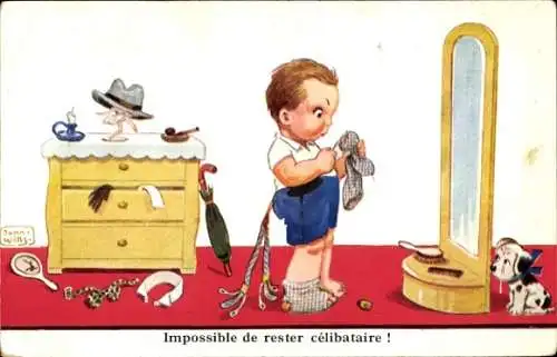 Künstler Ak Wills, John, Junge stopft Strümpfe vor dem Spiegel