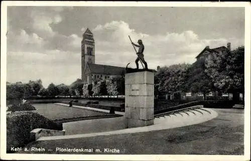 Ak Kehl am Rhein, Pionierdenkmal mit Kirche