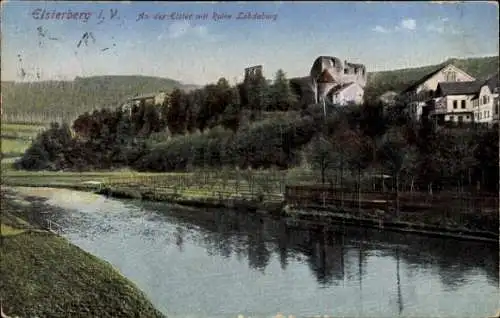 Ak Elsterberg im Vogtland, An der Elster mit Ruine Lobdaburg