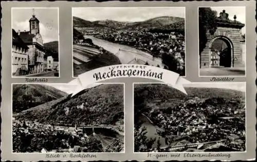 Ak Neckargemünd am Neckar, Rathaus, Stadttor, Blick vom Bockfelsen, Ort mit Elsenzmündung