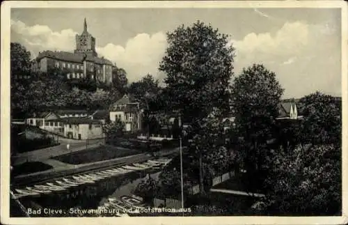 Ak Bad Cleve Kleve am Niederrhein, Schwanenburg von der Bootstation aus