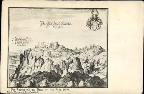 Künstler Ak Merian, Blankenburg am Harz, Burg Regenstein, um 1650