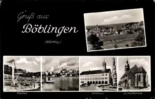 Ak Böblingen in Baden Württemberg, Freibad, Rathaus, Evang. Stadtkirche