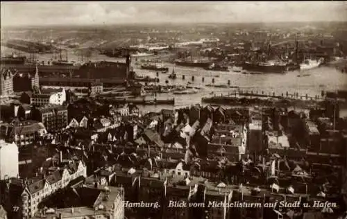 Ak Hamburg Mitte Neustadt, Blick vom Michaelisturm auf Stadt und Hafen