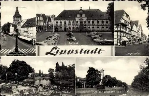 Ak Lippstadt in Westfalen, Bernardbrunnen, Rathaus, Langstraße, Terrasse im grünen Winkel