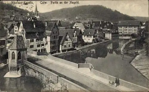 Ak Calw im Schwarzwald, Nikolaus-Kapelle, Nagoldbrücke