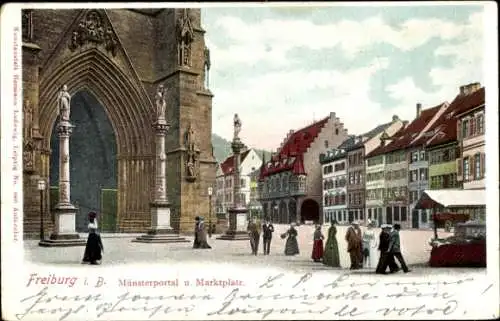 Ak Freiburg im Breisgau, Münsterportal, Marktplatz