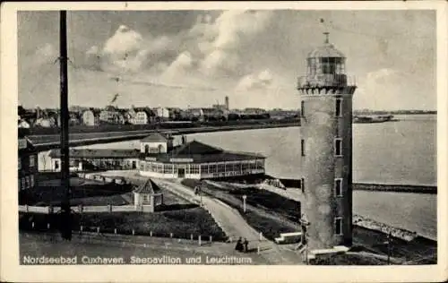 Ak Cuxhaven, Seepavillon und Leuchtturm, Restaurant