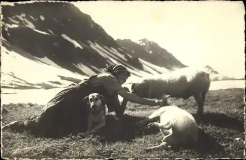 Foto Ak Zernez Kt. Graubünden Schweiz, Flüela Hospiz, Frau mit Hund und Schweinen