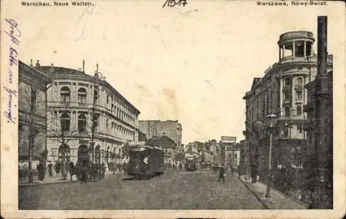 Ak Warszawa Warschau Polen, Neue Weltstraße, Straßenbahn