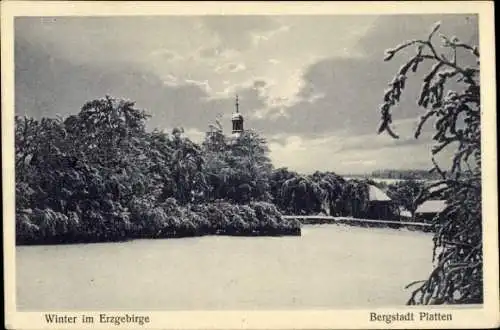 Ak Horní Blatná Bergstadt Platten Erzgebirge Reg. Karlsbad, Gesamtansicht, Winter