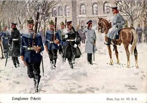 Künstler Ak Döbrich Steglitz, Langsamer Schritt, Grenadier Regiment 10