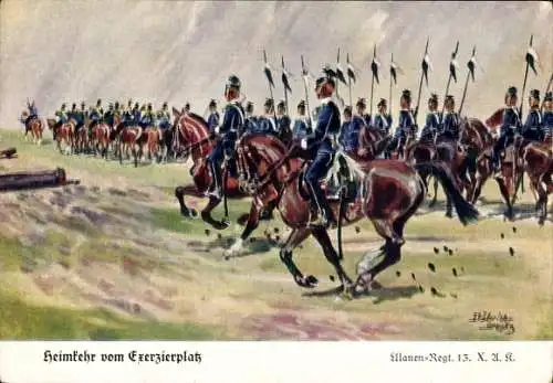 Künstler Ak Döbrich Steglitz, Ulanen Regiment 13, Heimkehr vom Exerzierplatz