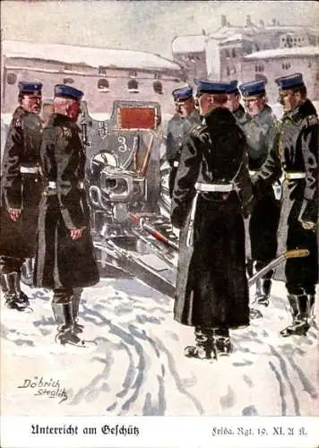 Künstler Ak Döbrich-Steglitz, Unterricht am Geschütz, Feldartillerie Regiment 19