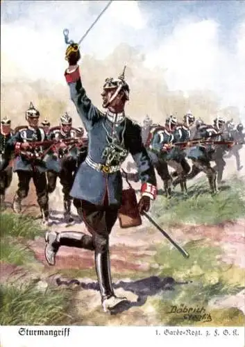 Künstler Ak Döbrich-Steglitz, Sturmangriff, 1. Garde-Regiment