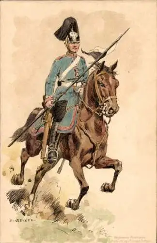 Künstler Ak Becker, C., Deutscher Soldat zu Pferde, Dragoner, Kaiserzeit